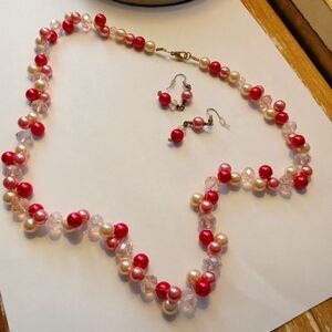Vintage Pink and White Beaded Necklace & Earrings